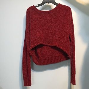 Cropped red crochet/knit patterned sweater